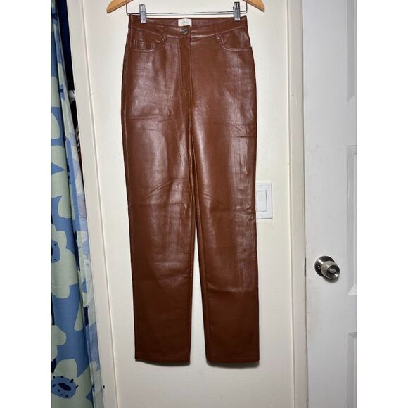 Aritzia Wilfred Faux Leather Melina Pants Vegan Cognac Brown Straight Leg Size 0 - Picture 3 of 6